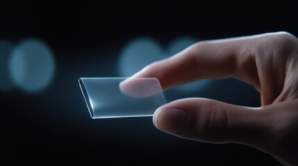 Poster - A Hand Holding a Thin Glass Slide with Soft Focus Background, Perfect for Science, Education, Research, or Laboratory Use, Emphasizing Precision and Clarity in Scientific Analysis