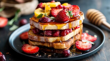 Poster - Delicious Stacked French Toast with Fresh Fruit and Syrup Drizzle