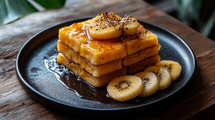 Poster - Delicious Honey Glazed Banana Stack with Toast and Sliced Fruit