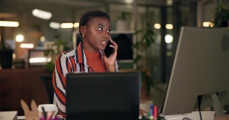 Poster - Night, phone call and thinking with designer black woman in office for communication or web development. Computer, conversation and idea with employee in creative workplace for negotiation or update
