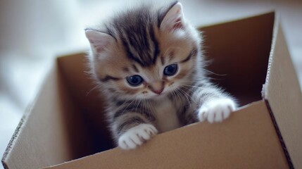 Poster - Cute Kitten Playing with Cardboard Box in Bright Indoor Setting