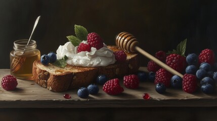 Wall Mural - Toast with Berries, Honey and Cream on Wooden Board