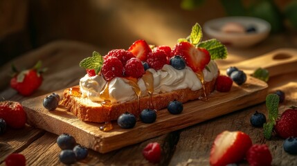 Poster - Delicious Summer Toast with Berries and Cream on Wooden Board
