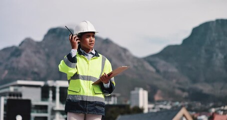 Poster - Contractor, radio and woman with clipboard, engineering and schedule for project. Building development, employee or architecture with communication, construction site or listening to feedback