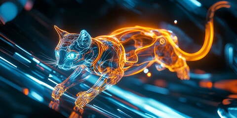 Poster - Cybernetic Cat: A futuristic rendering of a cat, its form shimmering with glowing blue and orange energy, leaping through a digital landscape of shimmering lines.  