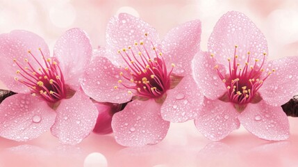 Poster - Delicate Pink Blossom with Dew Drops on Petals and Soft Background