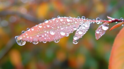 Poster - Close-Up of Raindrops on Colorful Autumn Leaf with Bokeh Background