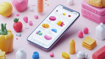 Online grocery shopping app interface displayed on a smartphone surrounded by colorful 3D rendered food and objects on a pink background.
