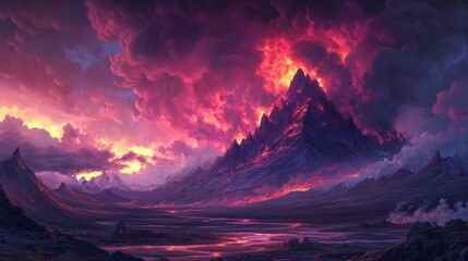 Poster - Majestic Fiery Mountain Under Dramatic Sky at Sunset Landscape