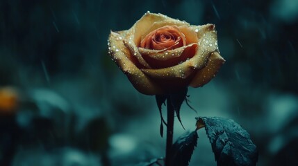 Poster - Close-Up View of a Single Rose with Raindrops in Soft Focus