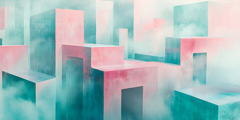 Poster - abstract cityscape: a mesmerizing abstract painting, rendered in soft pink and turquoise hues, depic