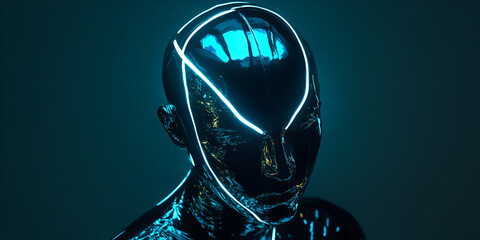Poster - Cybernetic Head: Glowing Blue Neon Lines on Metallic Humanoid Robot Head 