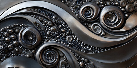 Poster - Metallic Dreamscape: Abstract metal art, swirling patterns and textures, dark grey and silver tones, intricate details, 3D rendering, modern art, industrial design, futuristic, elegant, luxury.