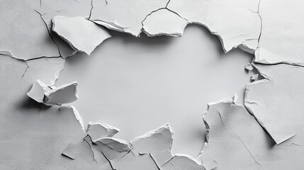 Poster - Realistic Depiction of a Broken Ivory White Wall with Cracks and Peeling Paint for Background Use