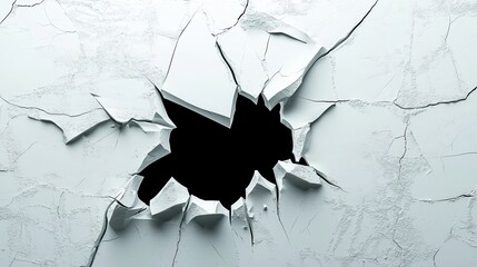Poster - Realistic Depiction of a Broken Ivory White Wall Segment with Cracks and Damage