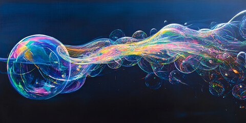 Poster - Ephemeral Rainbow: A mesmerizing iridescent soap bubble stretches into a vibrant trail, creating a captivating display of color and fluidity against a deep blue backdrop.  