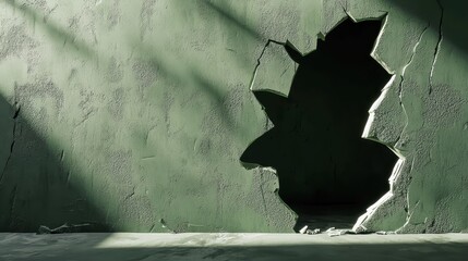 Poster - Realistic Depiction of a Broken Olive Green Wall with Textured Surface and Shadow Play