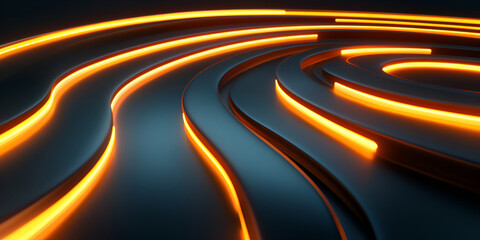 Poster - Abstract Glowing Lines: A mesmerizing abstract background with glowing orange lines on a dark surface. 3D rendering of a futuristic and modern design, perfect for technology and design concepts.  