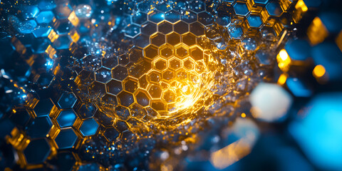 Poster - Abstract Honeycomb Energy: Glowing golden core within a deep blue hexagonal structure.  Intricate, futuristic, and visually striking. 