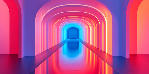 Poster - neon archway reflection: a mesmerizing perspective down a vibrant hallway of neon arches, with a ref