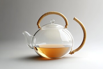  curves glass teapot round body bamboo handle white studio background precision render subtle lighting effects modern tea culture