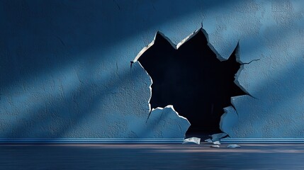 Poster - Realistic Depiction of a Broken Royal Blue Wall with Destruction and Shadows in Gigapixel Quality