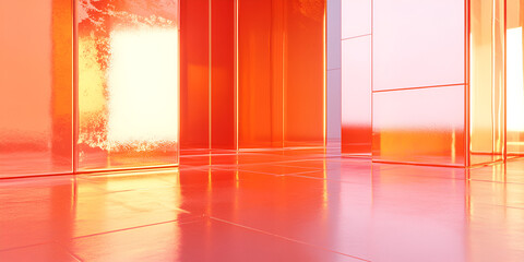 Poster - A Glimmer of Hope: A stark, minimalist 3D rendering of a futuristic hallway bathed in warm, inviting light. The smooth surfaces reflect the light, creating a sense of depth and mystery.