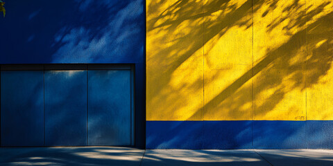 Poster - Blue and Yellow Wall with Tree Shadows 