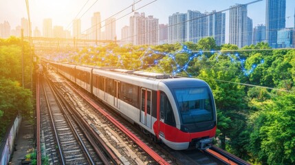 Poster - Modern Electric Train Moves Through Urban Landscape and Greenery