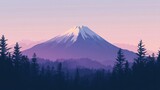 Cute cartoon style landscape with Mount Fuji, a temple, and a forest in the background