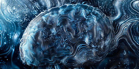 Poster - Brainpower Unleashed:  A mesmerizing digital art piece showcasing a human brain, intricately rendered with swirling abstract patterns.  The image evokes a sense of intellect, creativity.