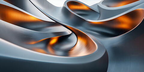 Poster - Abstract Metallic Flow: A captivating abstract image of swirling, metallic shapes, with a warm golden glow emanating from within.