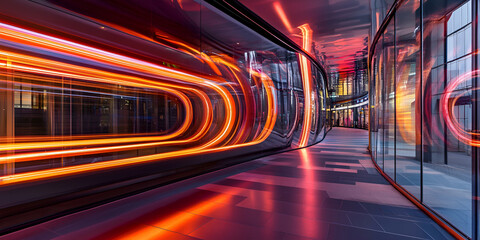 Poster - Abstract Neon Corridor:  A futuristic hallway bathed in vibrant neon light trails, creating a mesmerizing abstract pattern that evokes a sense of energy and innovation. The sleek.