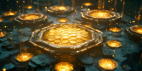 Poster - Golden Hexagon Network: A mesmerizing abstract image of golden hexagons, glowing with an ethereal light, arranged in a futuristic network.