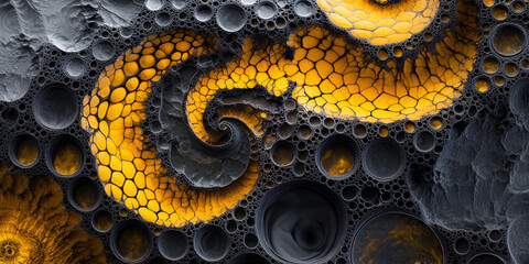 Poster - Cosmic Swirl:  A mesmerizing abstract pattern of black and golden swirls and bubbles creates a sense of depth and mystery, evoking the vastness of space and the beauty of the unknown.