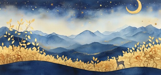 Wall Mural - a beautiful night sky with stars and a crescent moon, deer in the distance on hills covered by golde