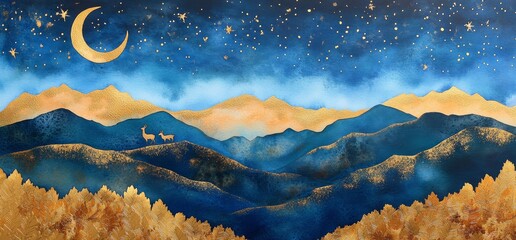 Wall Mural - a beautiful night sky with stars and a crescent moon, deer in the distance on hills covered by golde
