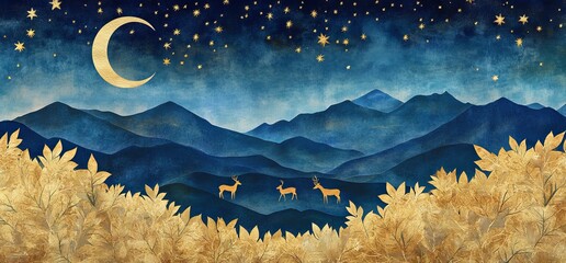 Wall Mural - a beautiful night sky with stars and a crescent moon, deer in the distance on hills covered by golde