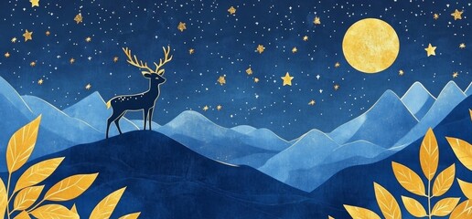 Wall Mural - a beautiful night sky with stars and a crescent moon, deer in the distance on hills covered by golde