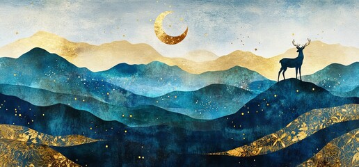 Wall Mural - a beautiful night sky with stars and a crescent moon, deer in the distance on hills covered by golde
