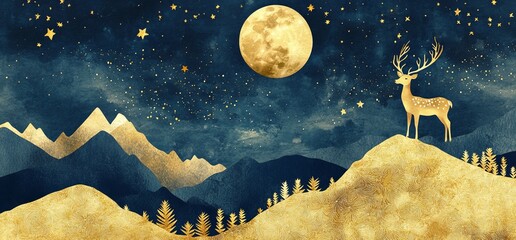 Wall Mural - a beautiful night sky with stars and a crescent moon, deer in the distance on hills covered by golde