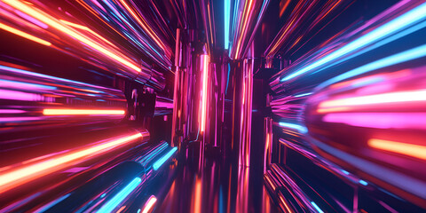 Poster - Neon Glowing Lines: A kaleidoscope of vibrant pink and blue neon lines illuminate a dark and abstract digital space, creating a sense of movement, energy, and futuristic possibilities. 