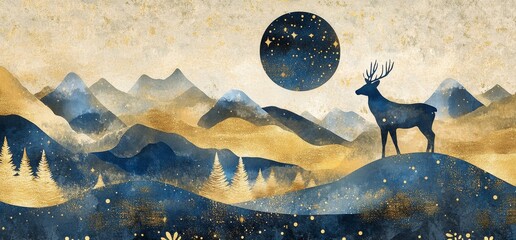 Wall Mural - a beautiful night sky with stars and a crescent moon, deer in the distance on hills covered by golde