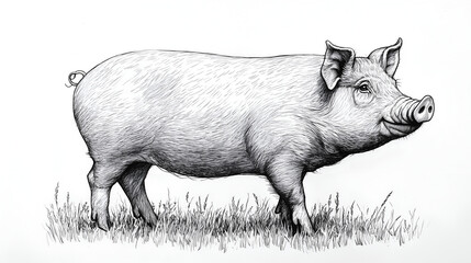 Black and white drawing of a pig on grass, with a white background