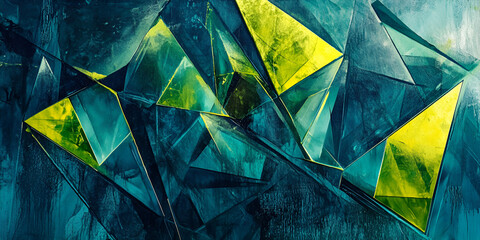 Poster - abstract teal and lime green triangles painting