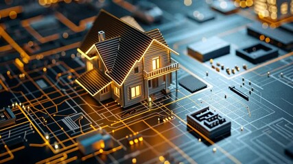 Aufkleber - A detailed model of an estate illuminated by digital circuitry, showcasing the blend of architecture and technology. This vision highlights the potential of smart homes in a modern landscape.