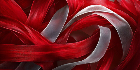 Poster - Abstract Red and White Ribbon Swirls: A captivating abstract image of swirling red and white ribbons, evoking a sense of energy, movement, and fluidity.