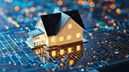 Aufkleber - A small model house sits on a glowing digital circuit board, highlighting the integration of technology in real estate. This depiction emphasizes the innovative future of smart homes.