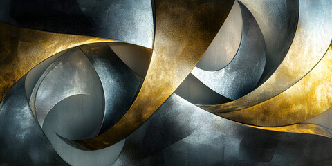 Poster - Abstract Metal Sculpture:  A captivating close-up of an abstract metal sculpture, showcasing intricate curves, textures, and a dynamic interplay of gold and silver hues.