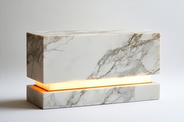 Elegant structure, marble lamp, rectangular base, matte gold accents, white background, warm lighting, timeless decor style